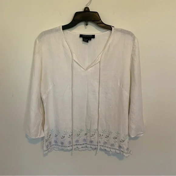 Cynthia Howie Boutique Dainty Beaded Linen White Embroidered Women's Top Sz 8 - Picture 2 of 11
